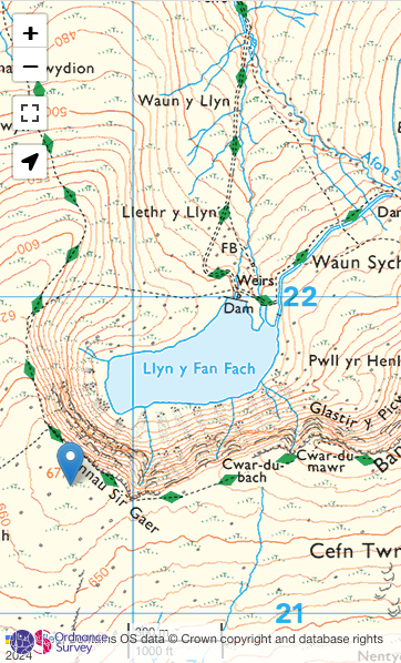 Ordnance Survey Map of Llyn Y Fan Fach.